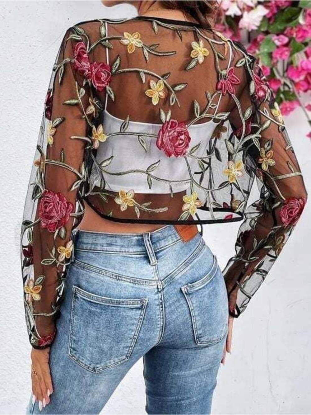 Embroidered Sheer Floral Cropped Cardigan - Black with Red & Gold Flowers Medium - Picture 3 of 4